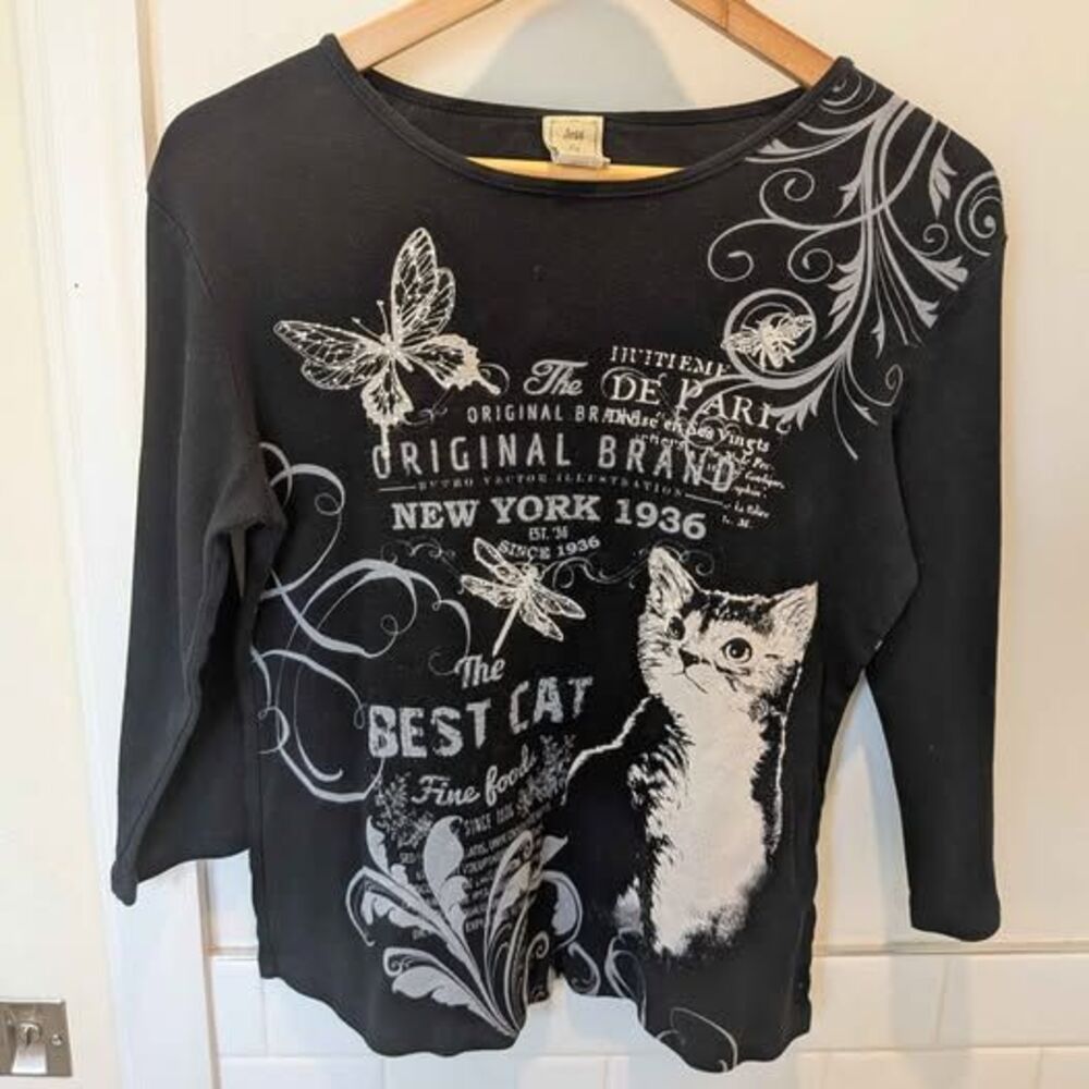 Vintage Y2K Jess & Jane Rhinestone Kitten Graphic Top Butterflies M Goth